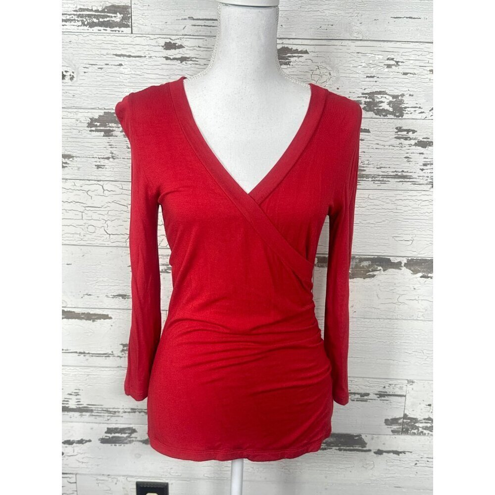 VINTAGE CABI Surplice Hanky Top 3/4 Sleeve Red Sz M #583
